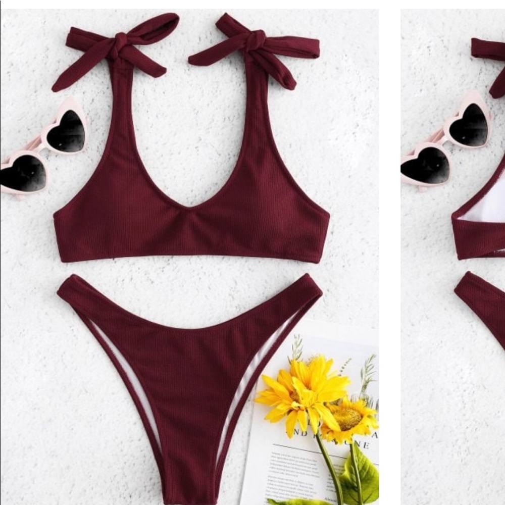 Tie Shoulder Ribbed Bikini Set